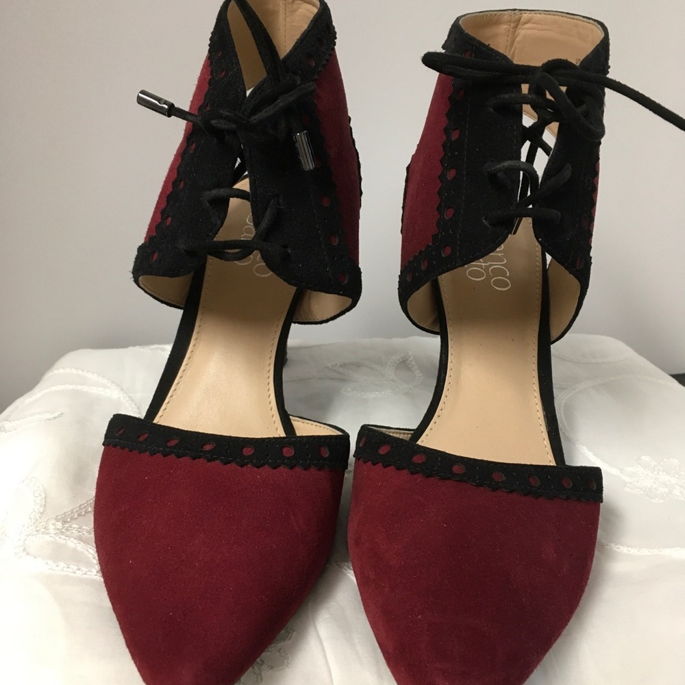 Franco Sarto Burgundy and Black Lace-Up Pointed Heels - Picture 3 of 4